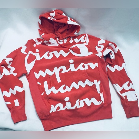 Champion Vintage Y2K Reverse Weave All Over Print Hoodie in Coral Size Small EUC - Picture 3 of 9